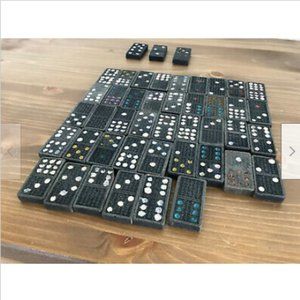 Vintage Wooden Domino Game Tiles Painted Dominos Dots 39 Black Dominoes